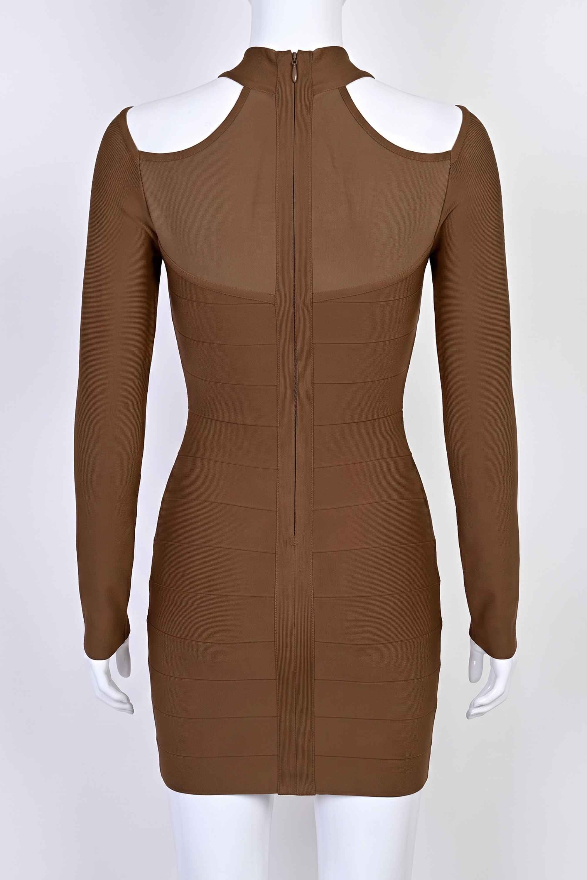 Woman wearing a figure flattering  Dovie Long Sleeve Bandage Mini Dress - Coffee Brown BODYCON COLLECTION Pty Ltd
