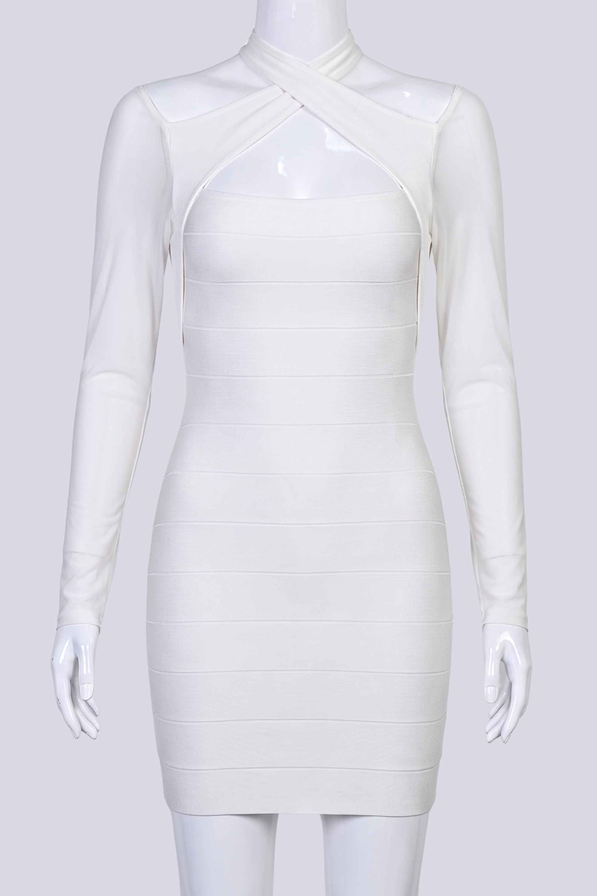 Woman wearing a figure flattering  Dovie Long Sleeve Bandage Mini Dress - White Pearl BODYCON COLLECTION Pty Ltd