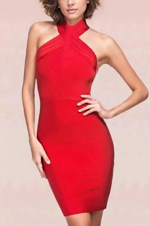 Woman wearing a figure flattering  Eden Bandage Dress - Lipstick Red BODYCON COLLECTION