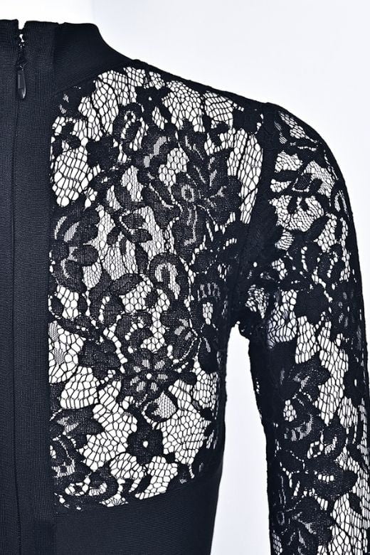 Woman wearing a figure flattering  Elia Long Sleeve Bandage Dress - Classic Black BODYCON COLLECTION Pty Ltd