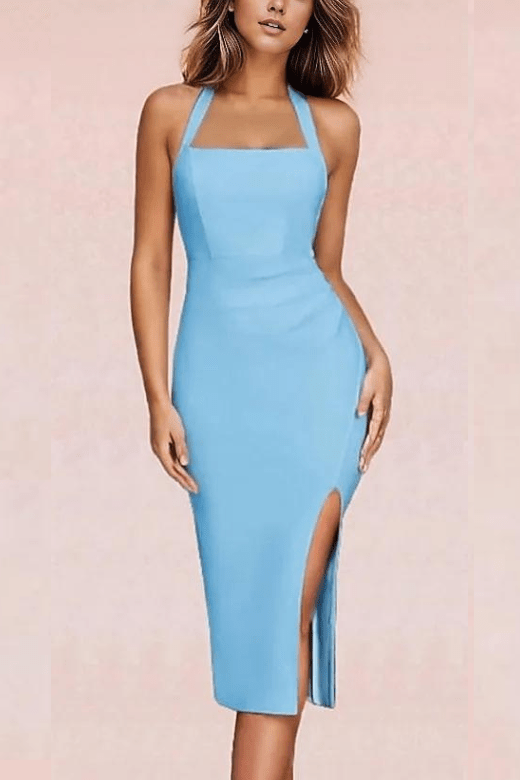 Woman wearing a figure flattering  Eliza Bodycon Midi Dress - Sky Blue BODYCON COLLECTION