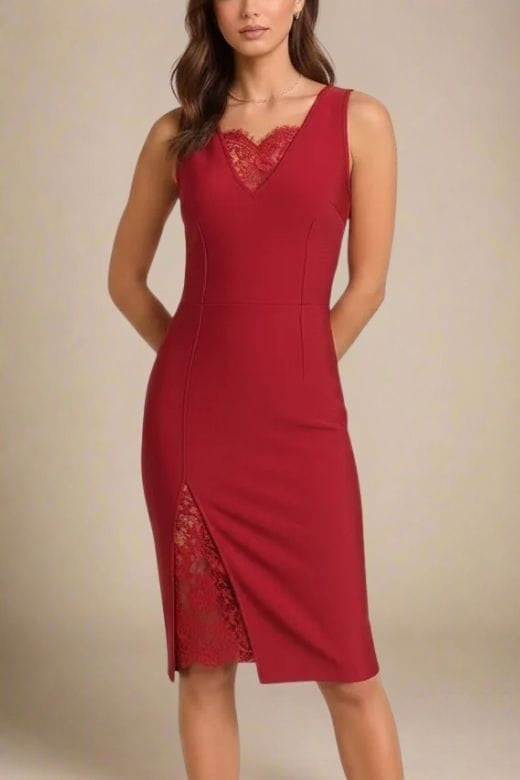 Woman wearing a figure flattering  Elsa Bodycon Dress - Red Wine BODYCON COLLECTION Pty Ltd