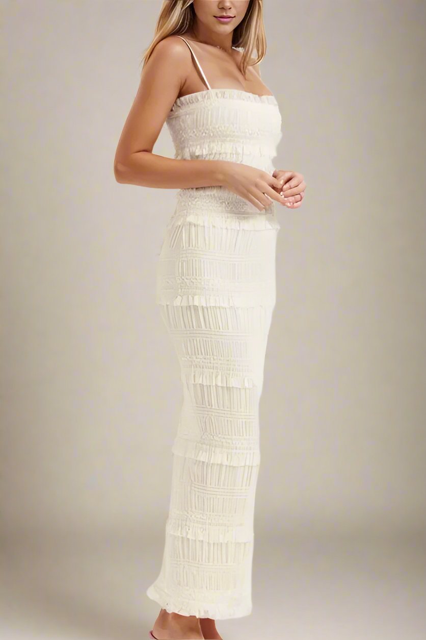 Woman wearing a figure flattering  Elyssa Bodycon Wrap Maxi Dress - Ivory BODYCON COLLECTION