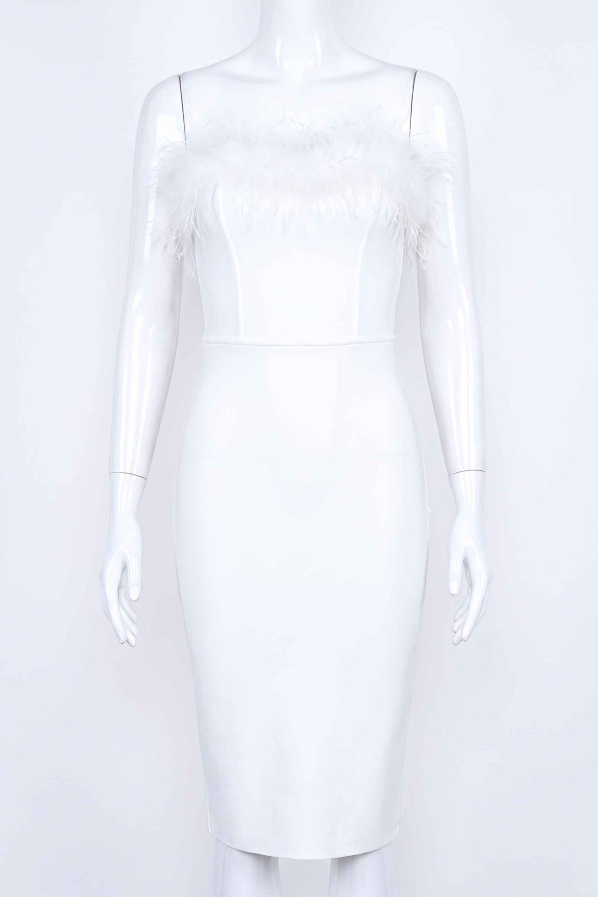 Woman wearing a figure flattering  Erin Bandage Dress - Pearl White BODYCON COLLECTION