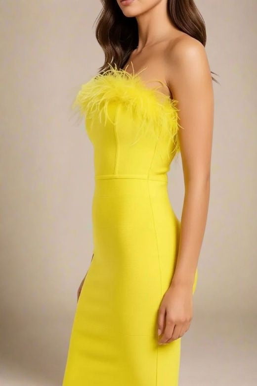 Woman wearing a figure flattering  Erin Bandage Dress - Sun Yellow BODYCON COLLECTION