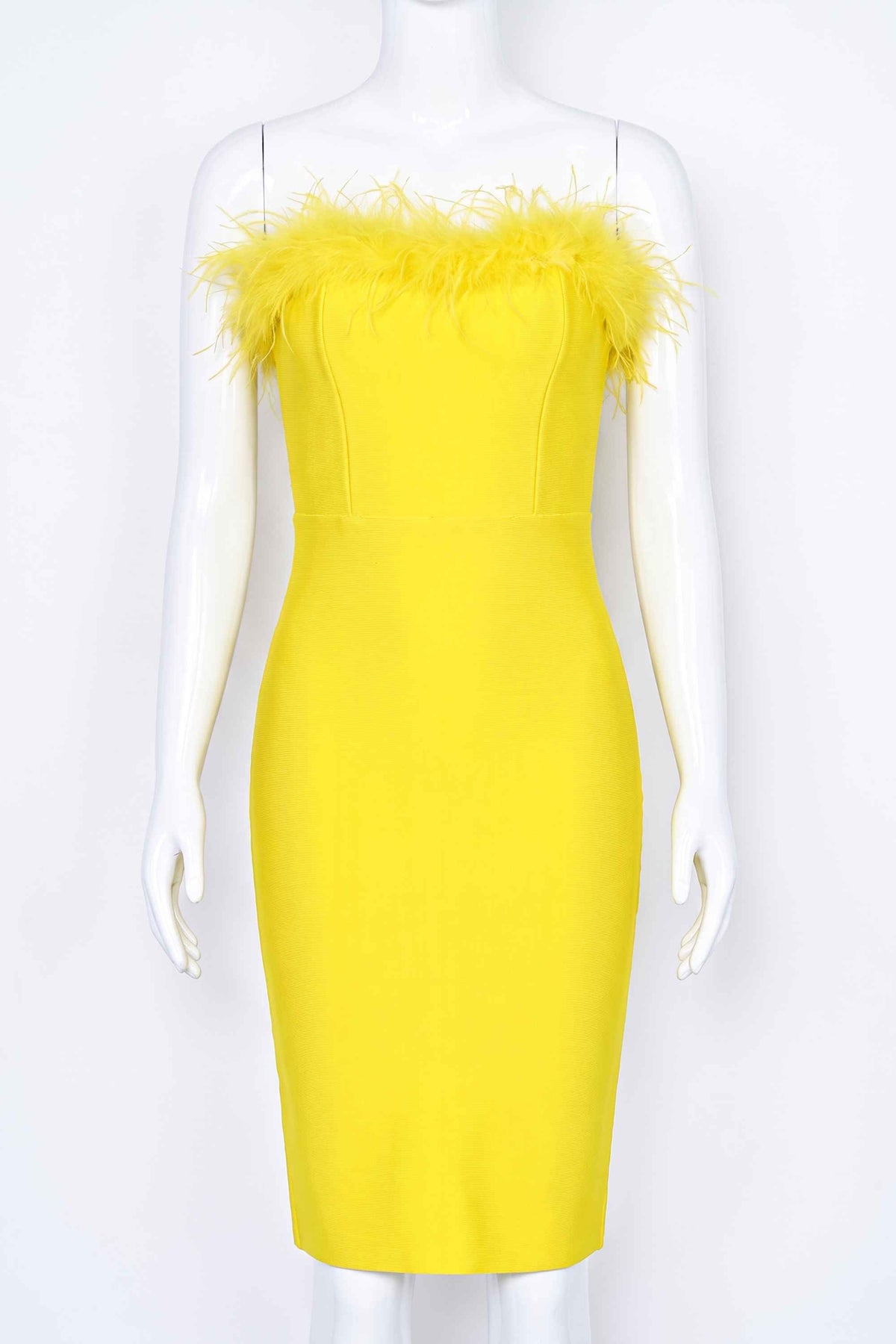 Woman wearing a figure flattering  Erin Bandage Dress - Sun Yellow BODYCON COLLECTION