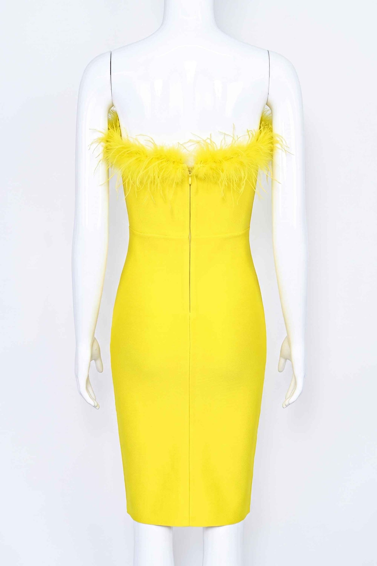 Woman wearing a figure flattering  Erin Bandage Dress - Sun Yellow BODYCON COLLECTION
