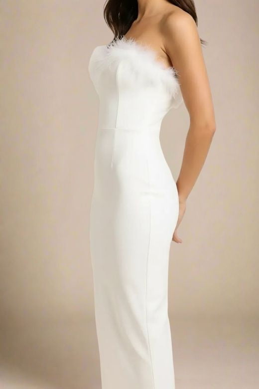 Woman wearing a figure flattering  Erin Bandage Maxi Dress - White Pearl BODYCON COLLECTION
