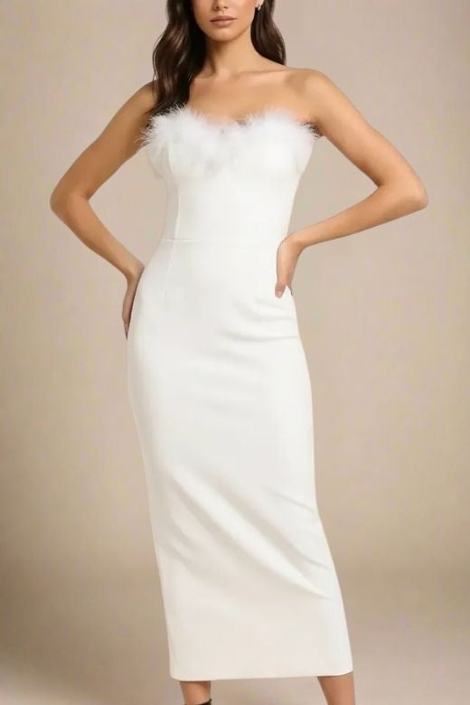 Woman wearing a figure flattering  Erin Bandage Maxi Dress - White Pearl BODYCON COLLECTION