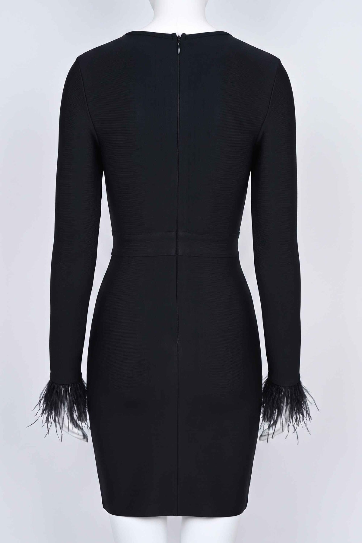 Woman wearing a figure flattering  Erin Long Sleeve Bandage Mini Dress - Classic Black BODYCON COLLECTION