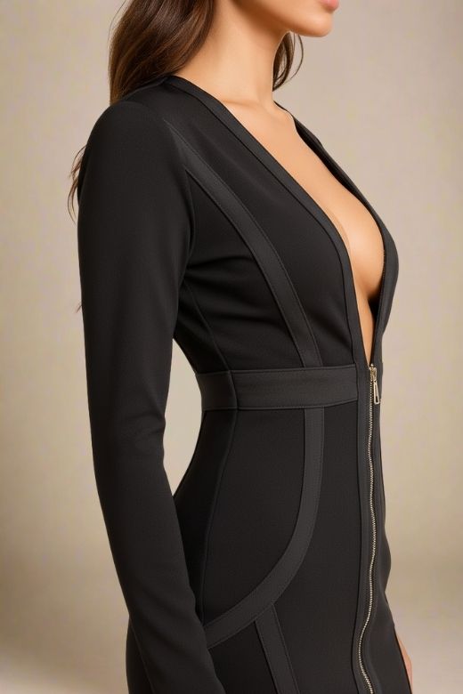 Woman wearing a figure flattering  Eva Long Sleeve Bandage Mini Dress - Classic Black BODYCON COLLECTION