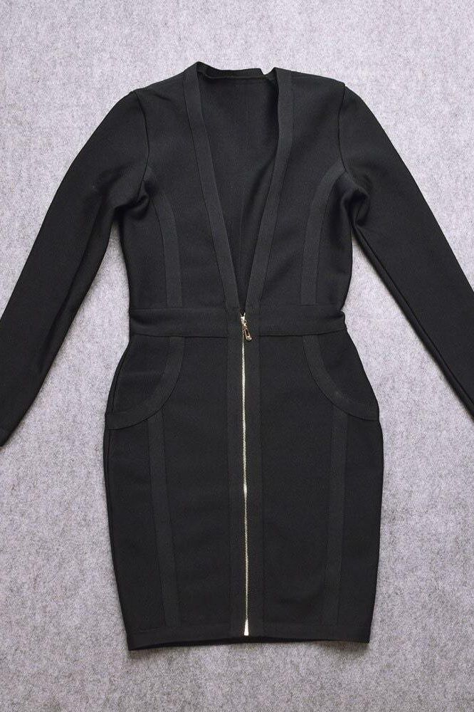 Woman wearing a figure flattering  Eva Long Sleeve Bandage Mini Dress - Classic Black BODYCON COLLECTION