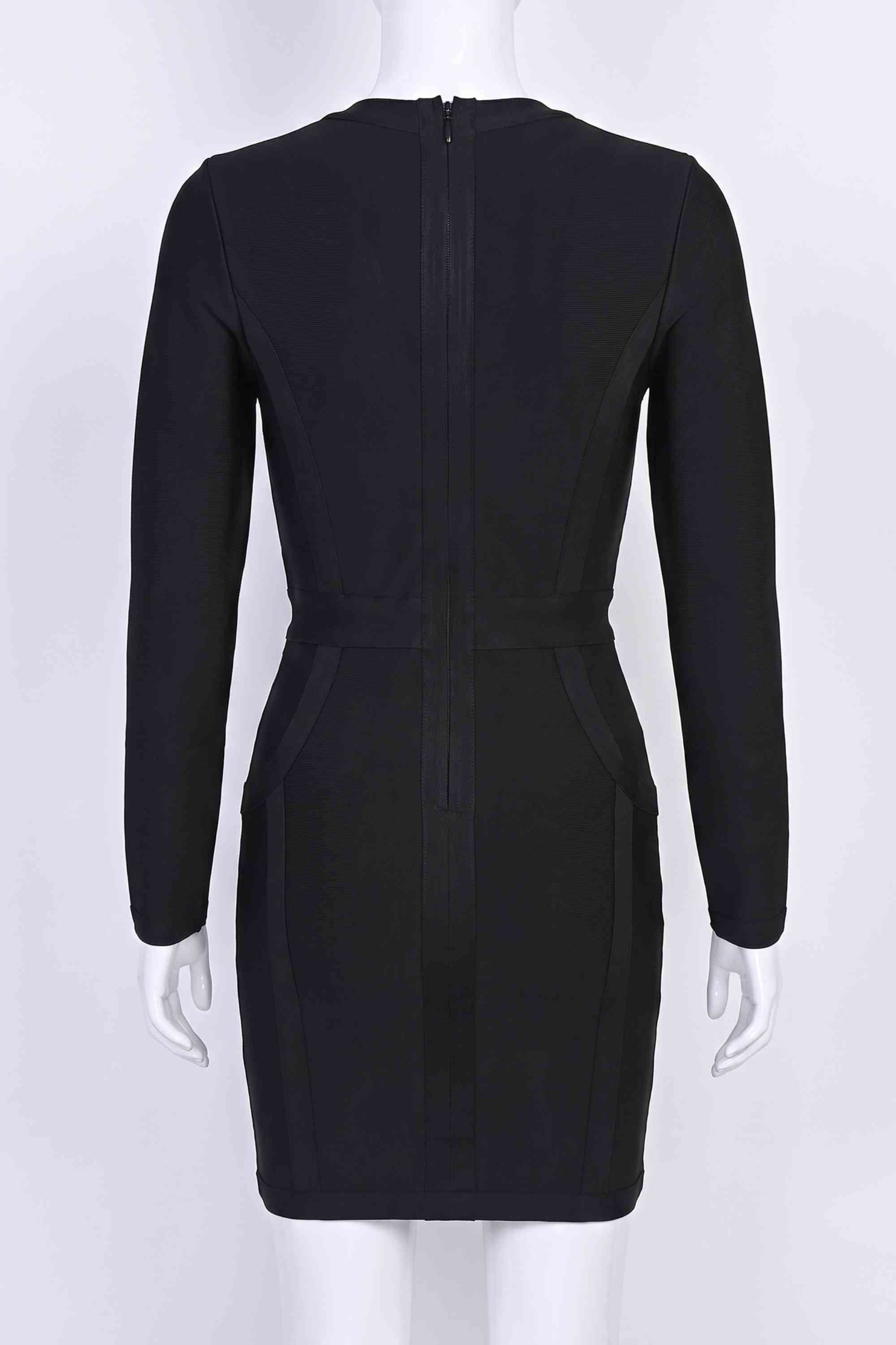 Woman wearing a figure flattering  Eva Long Sleeve Bandage Mini Dress - Classic Black BODYCON COLLECTION