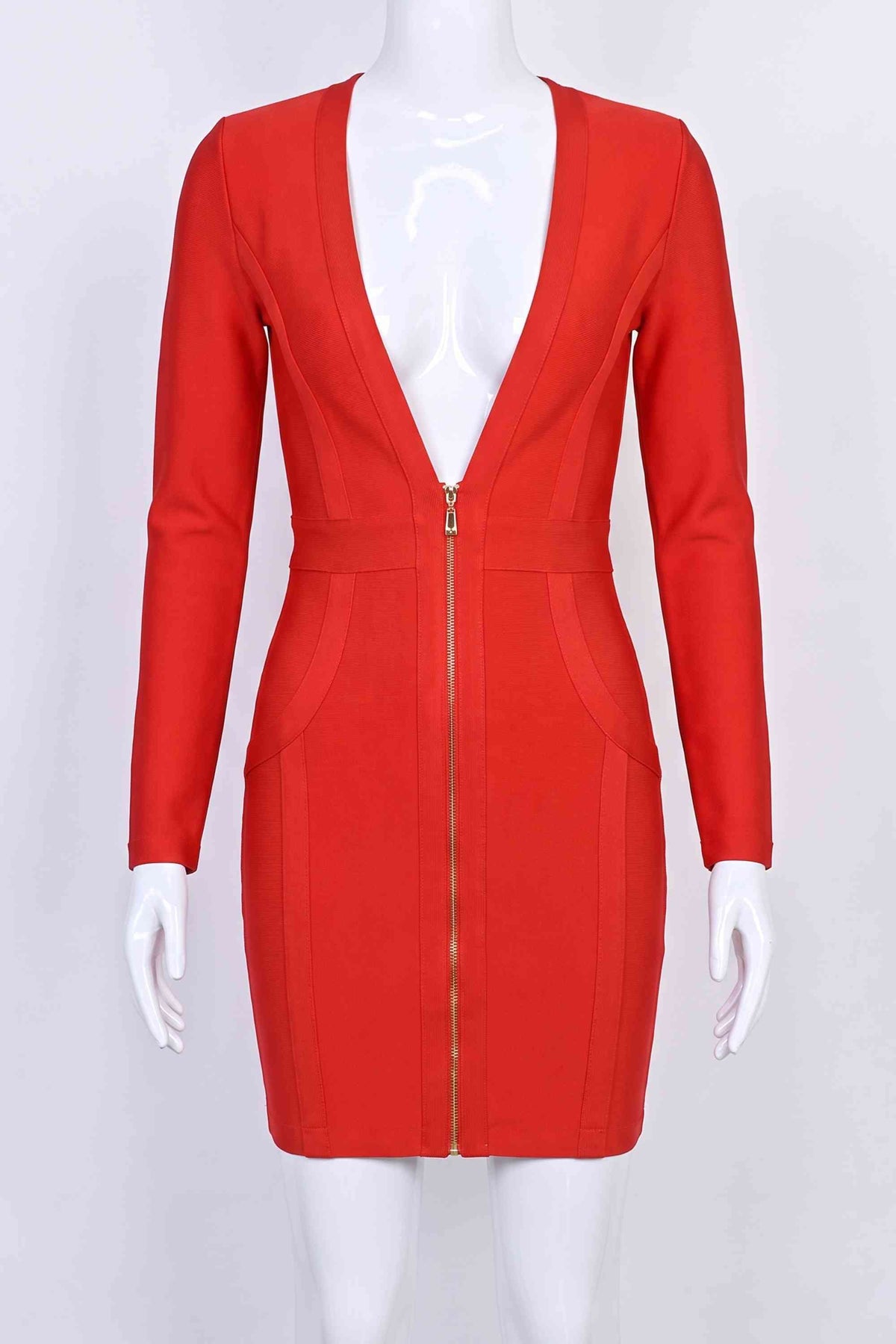 Woman wearing a figure flattering  Eva Long Sleeve Bandage Mini Dress - Lipstick Red BODYCON COLLECTION