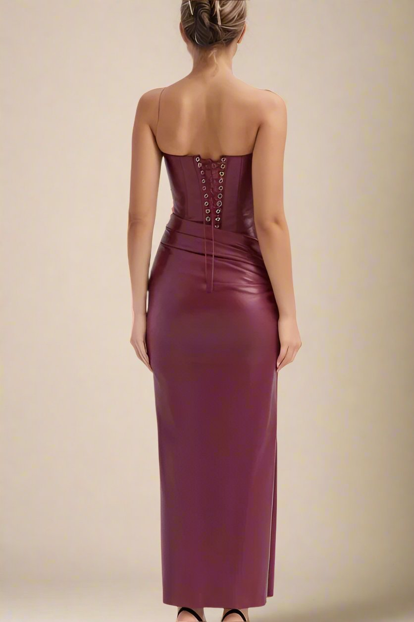 Woman wearing a figure flattering  Faith Bodycon Midi Dress - Red Wine BODYCON COLLECTION