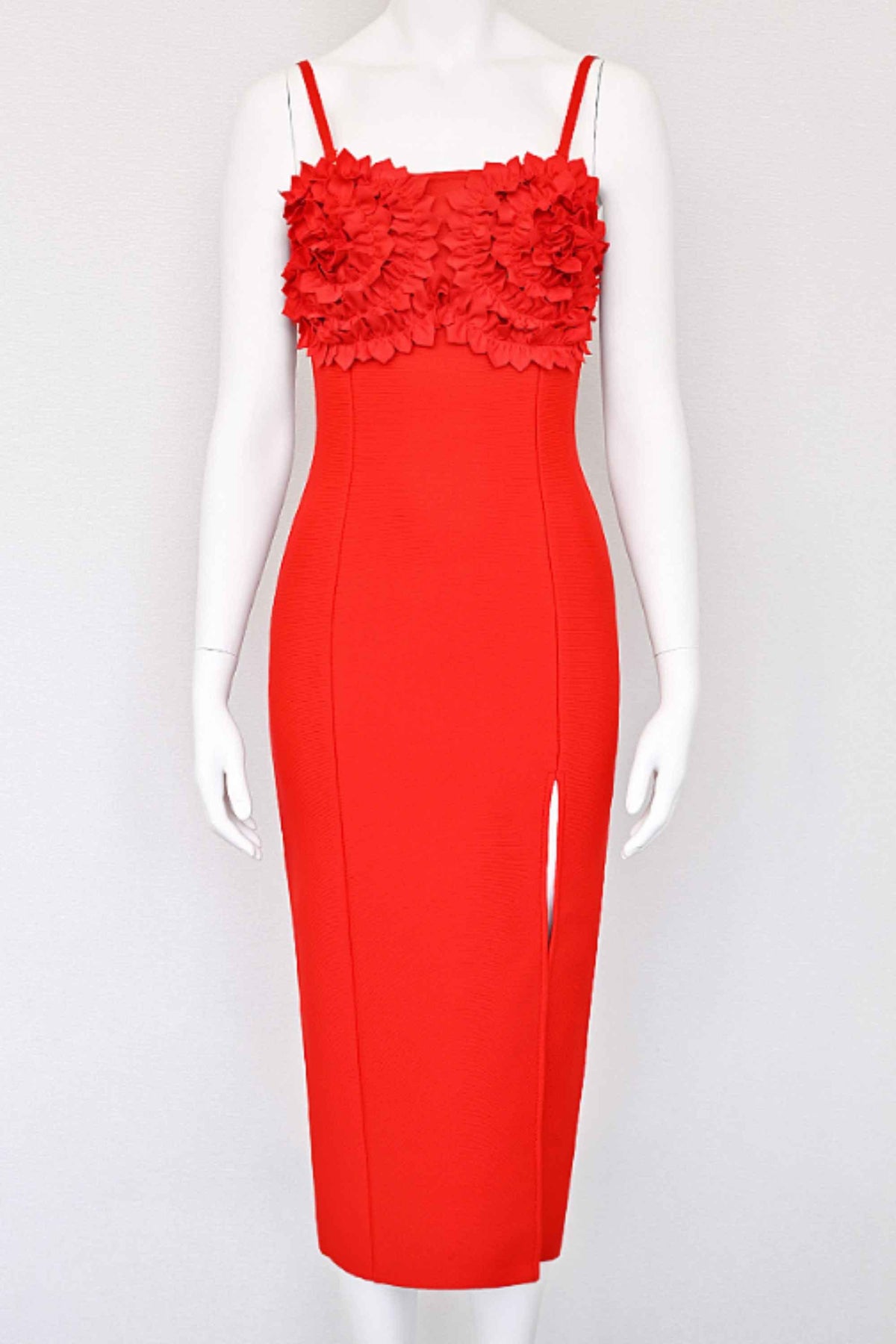 Woman wearing a figure flattering  Faye Bandage Midi Dress - Lipstick Red BODYCON COLLECTION
