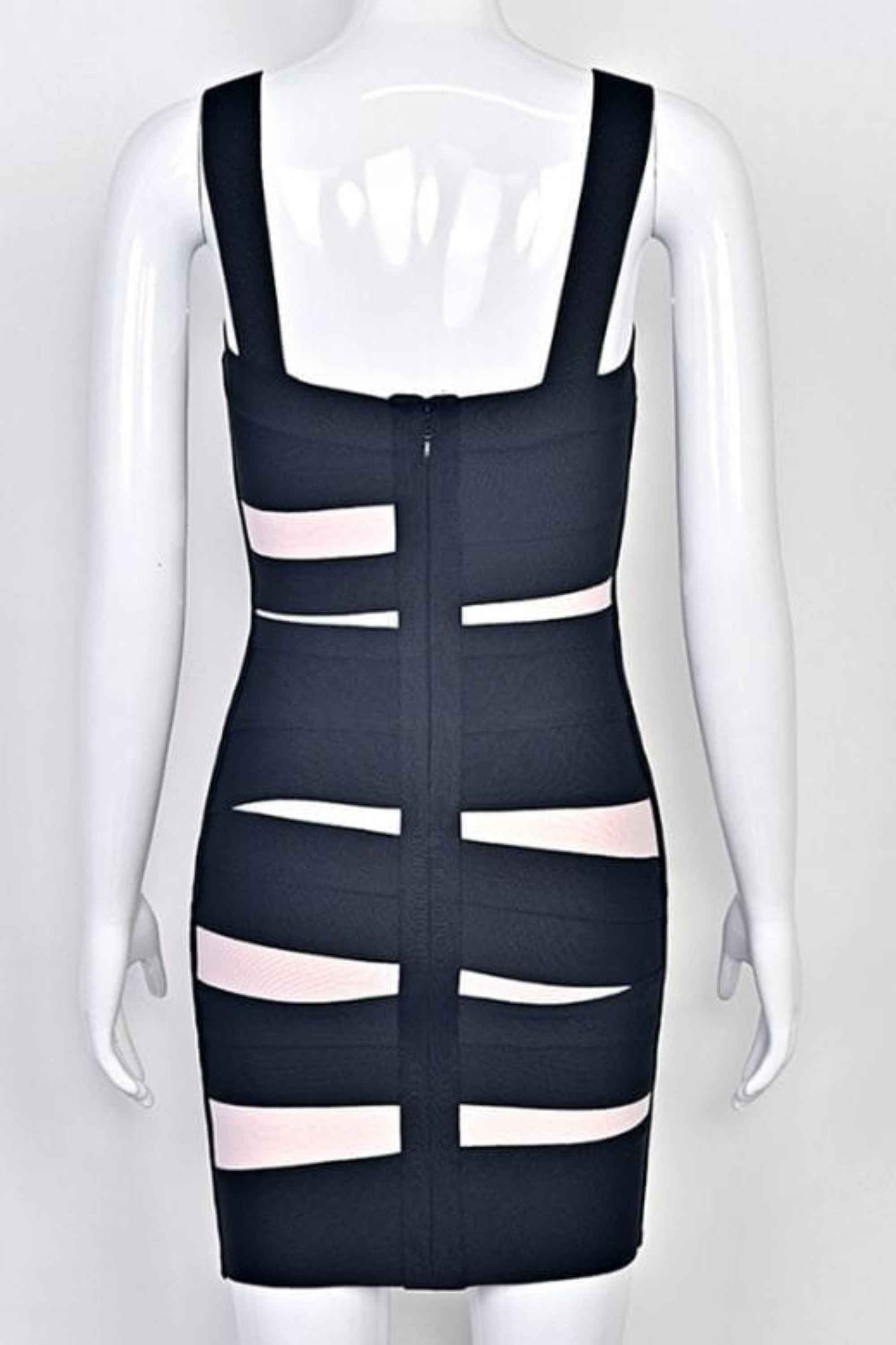 Woman wearing a figure flattering  Fleur Bandage Mini Dress - Classic Black BODYCON COLLECTION Pty Ltd