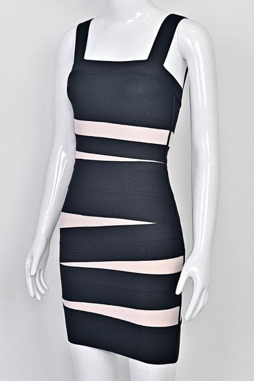 Woman wearing a figure flattering  Fleur Bandage Mini Dress - Classic Black BODYCON COLLECTION Pty Ltd