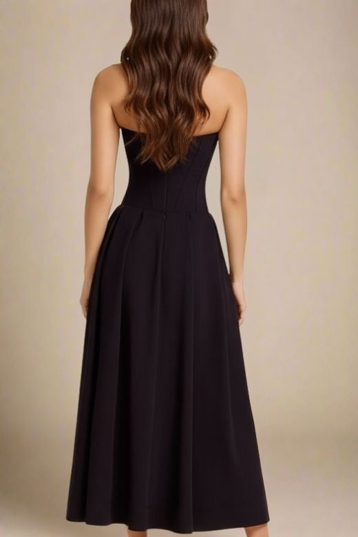 Woman wearing a figure flattering  Gabbi Bodycon Midi Dress - Classic Black BODYCON COLLECTION