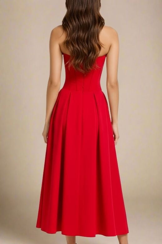 Woman wearing a figure flattering  Gabbi Bodycon Midi Dress - Lipstick Red BODYCON COLLECTION