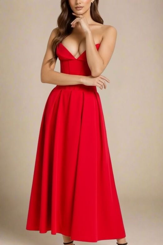 Woman wearing a figure flattering  Gabbi Bodycon Midi Dress - Lipstick Red BODYCON COLLECTION