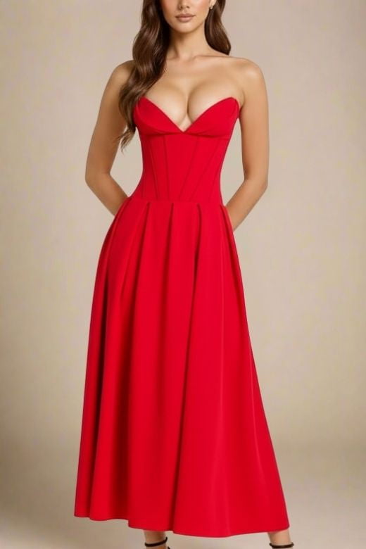 Woman wearing a figure flattering  Gabbi Bodycon Midi Dress - Lipstick Red BODYCON COLLECTION