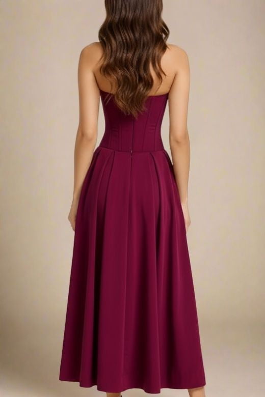 Woman wearing a figure flattering  Gabbi Bodycon Midi Dress - Red Wine BODYCON COLLECTION