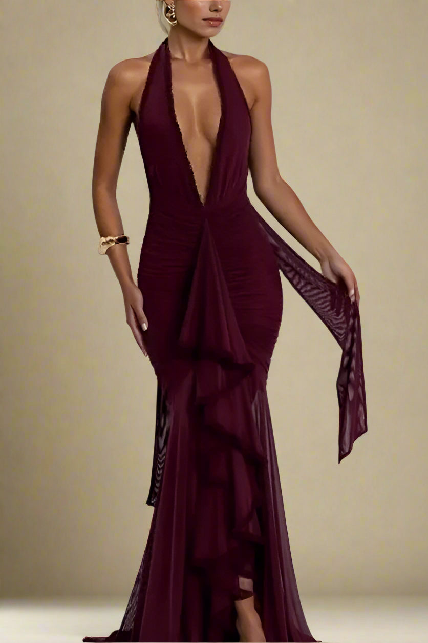 Woman wearing a figure flattering  Georgie Bodycon Wrap Maxi Dress - Red Wine BODYCON COLLECTION Pty Ltd