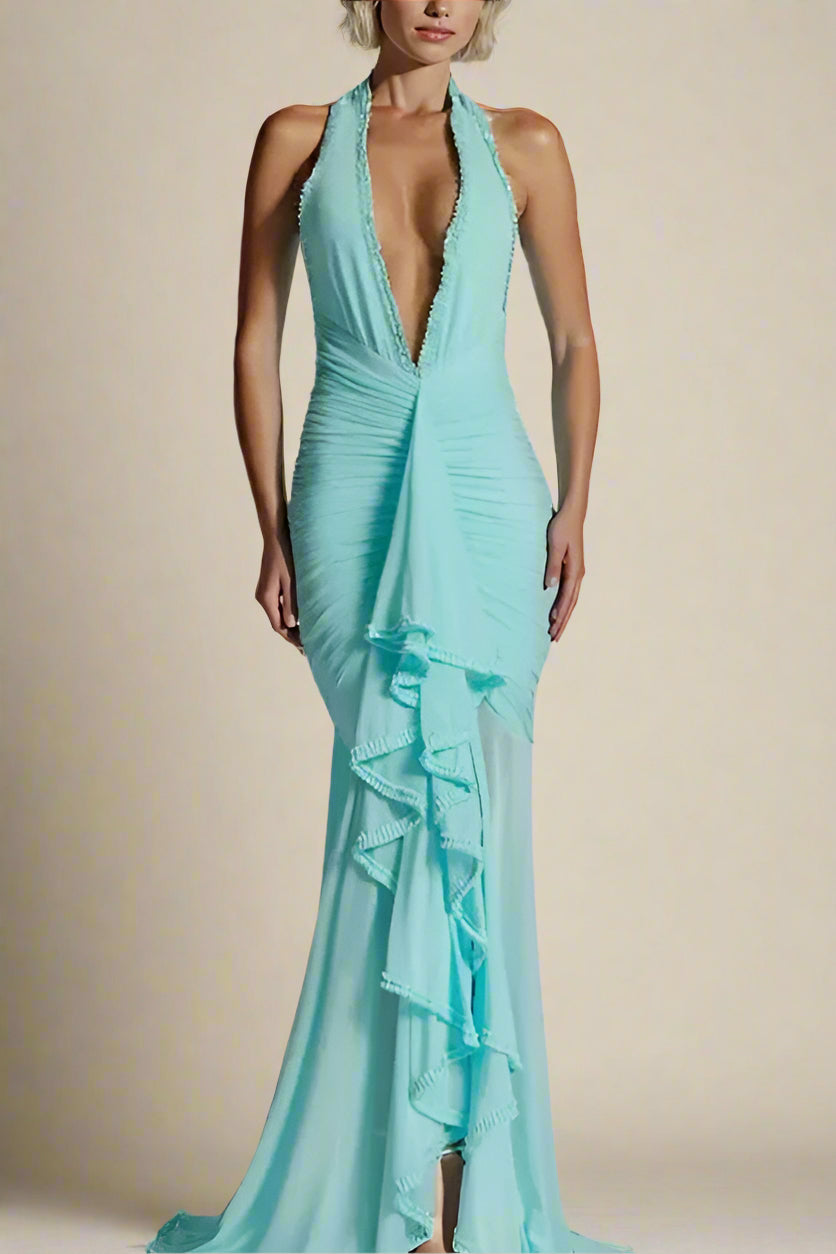 Woman wearing a figure flattering  Georgie Bodycon Wrap Maxi Dress - Sky Blue BODYCON COLLECTION Pty Ltd