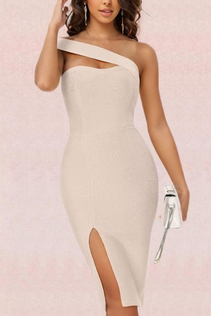 Woman wearing a figure flattering  Gianna Bandage Dress - Nude BODYCON COLLECTION