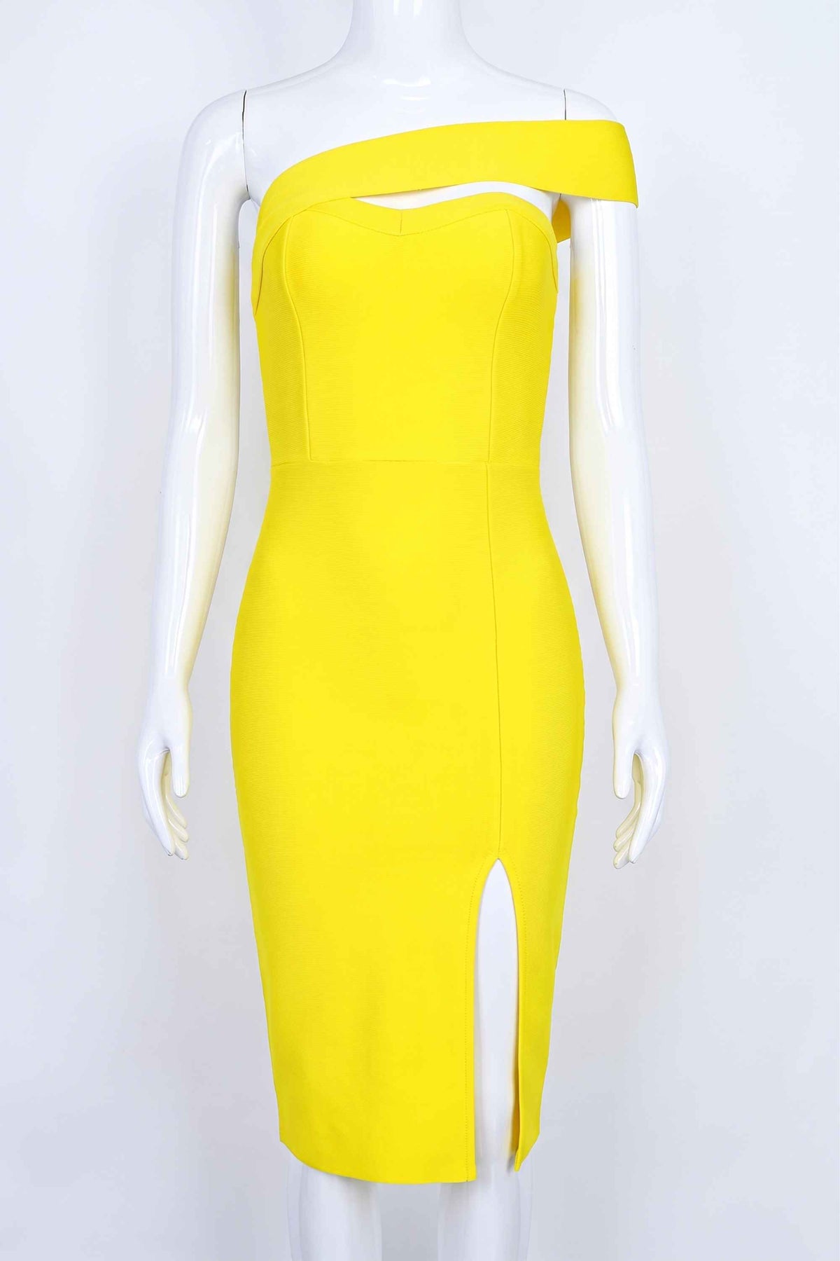 Woman wearing a figure flattering  Gianna Bandage Dress - Sun Yellow BODYCON COLLECTION