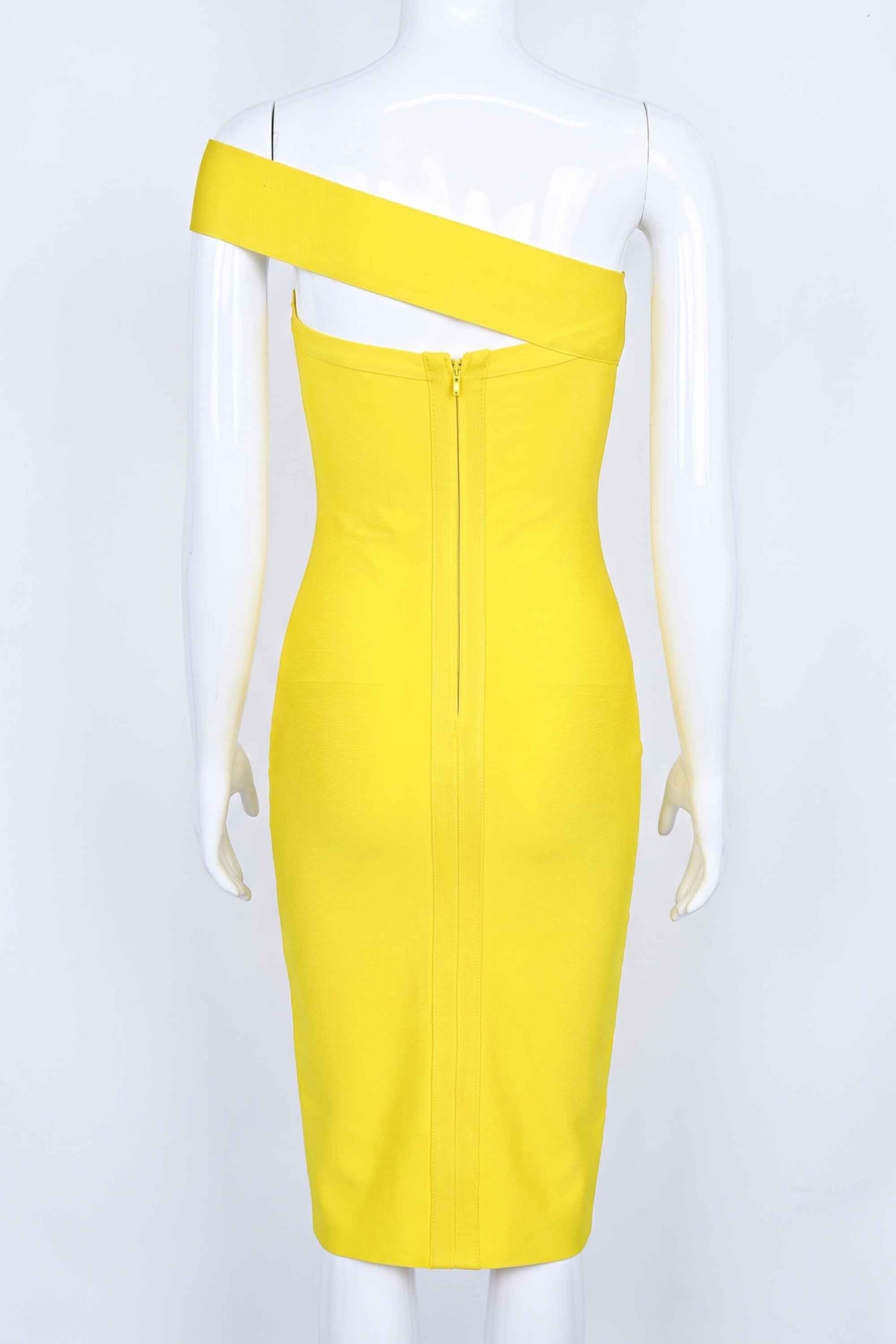 Woman wearing a figure flattering  Gianna Bandage Dress - Sun Yellow BODYCON COLLECTION