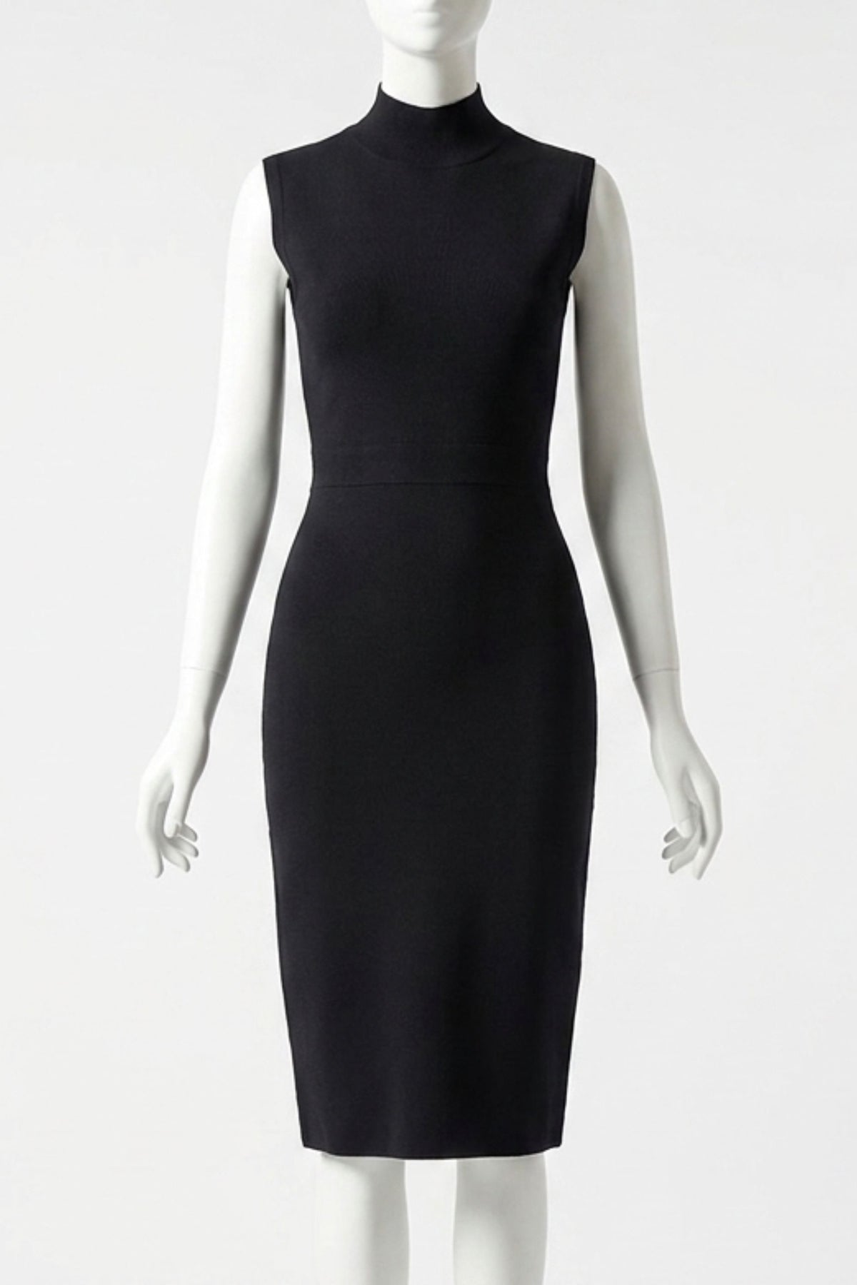 Woman wearing a figure flattering  Grace Bandage Midi Dress - Classic Black Bodycon Collection