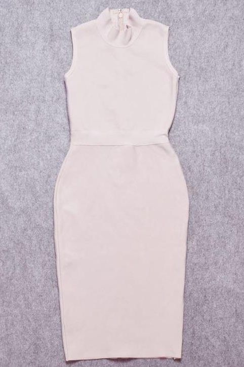 Woman wearing a figure flattering  Grace Bandage Midi Dress - Cream Bodycon Collection