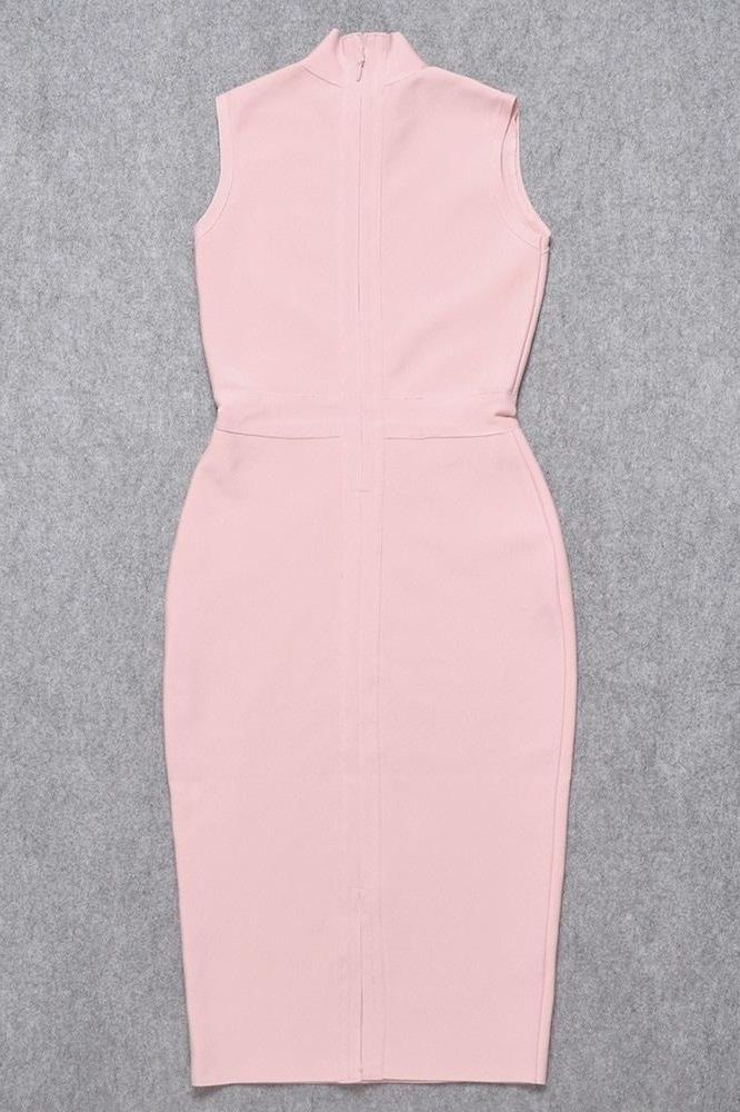 Woman wearing a figure flattering  Grace Bandage Midi Dress - Dusty Pink Bodycon Collection