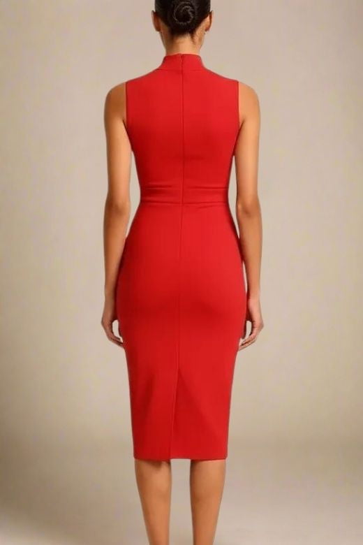 Woman wearing a figure flattering  Grace Bandage Midi Dress - Lipstick Red Bodycon Collection