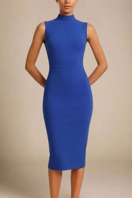 Woman wearing a figure flattering  Grace Bandage Midi Dress - Navy Blue Bodycon Collection