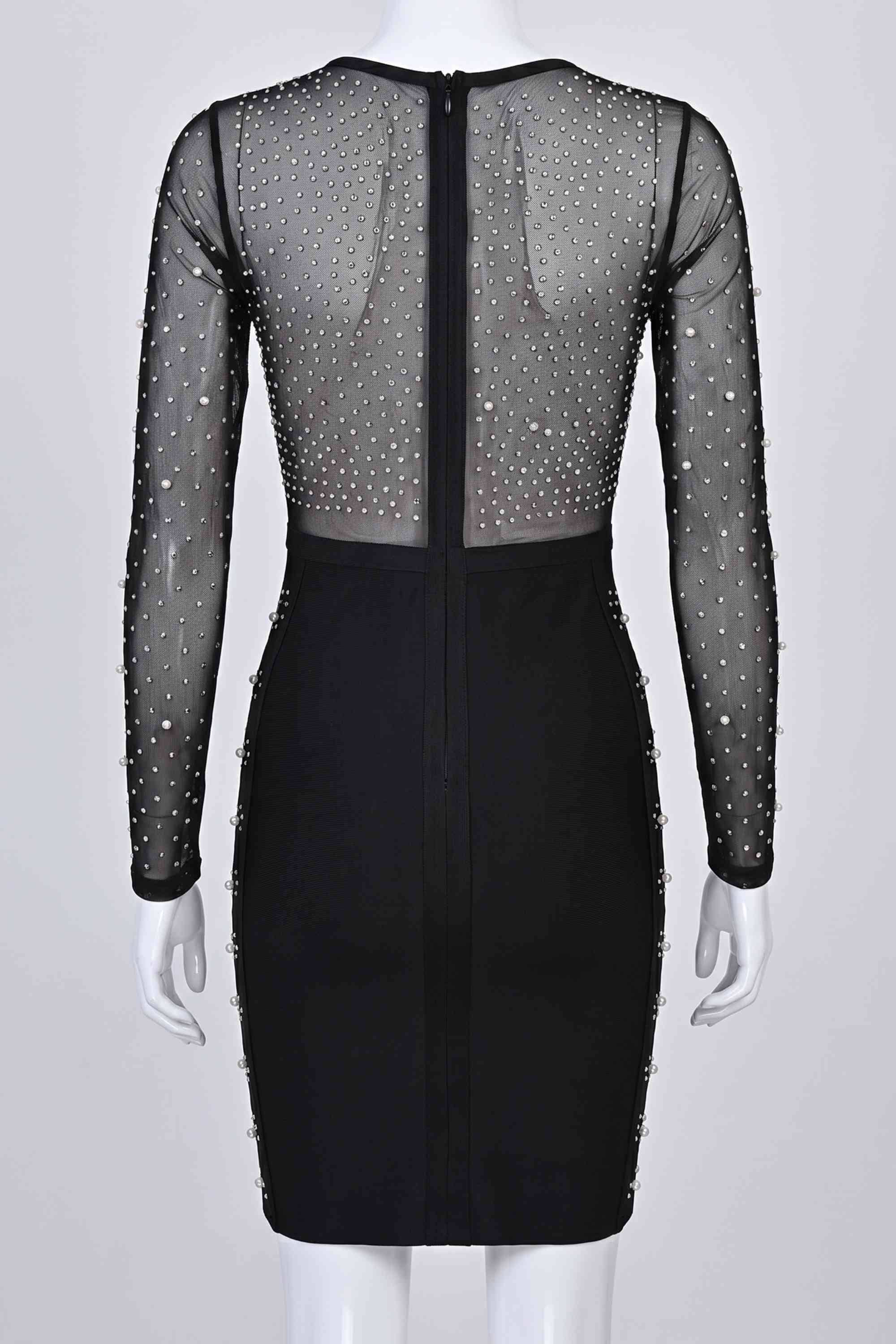 Woman wearing a figure flattering  Halle Long Sleeve Bodycon Mini Dress - Classic Black BODYCON COLLECTION Pty Ltd