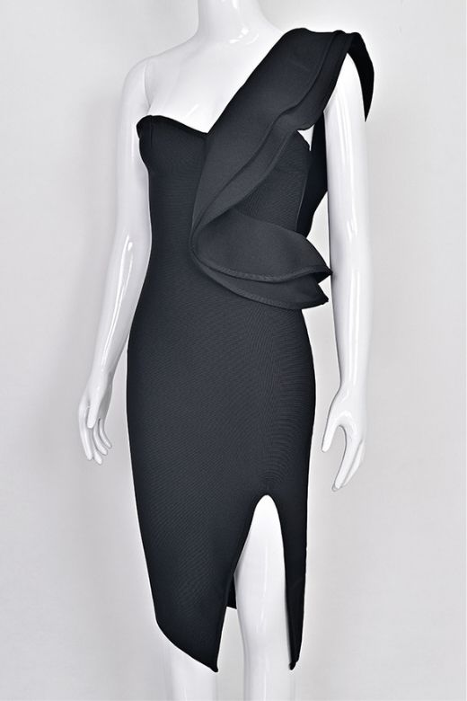 Woman wearing a figure flattering  Hayley Bodycon Dress - Classic Black Bodycon Collection