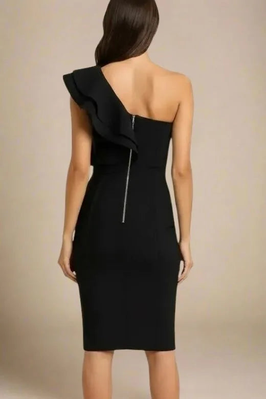 Woman wearing a figure flattering  Hayley Bodycon Dress - Classic Black Bodycon Collection