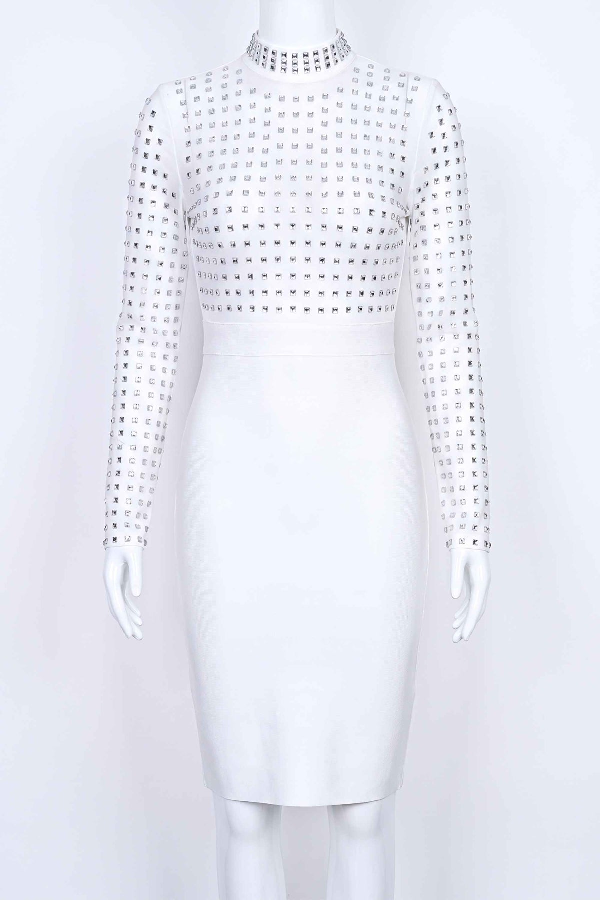 Woman wearing a figure flattering  Hazel Long Sleeve Bodycon Dress - White Pearl BODYCON COLLECTION Pty Ltd