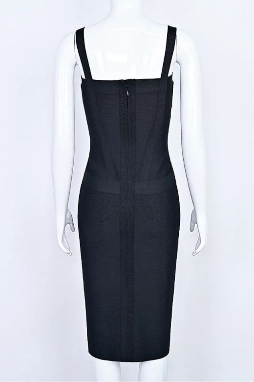 Woman wearing a figure flattering  Heidi Bandage Midi Dress - Classic Black Bodycon Collection