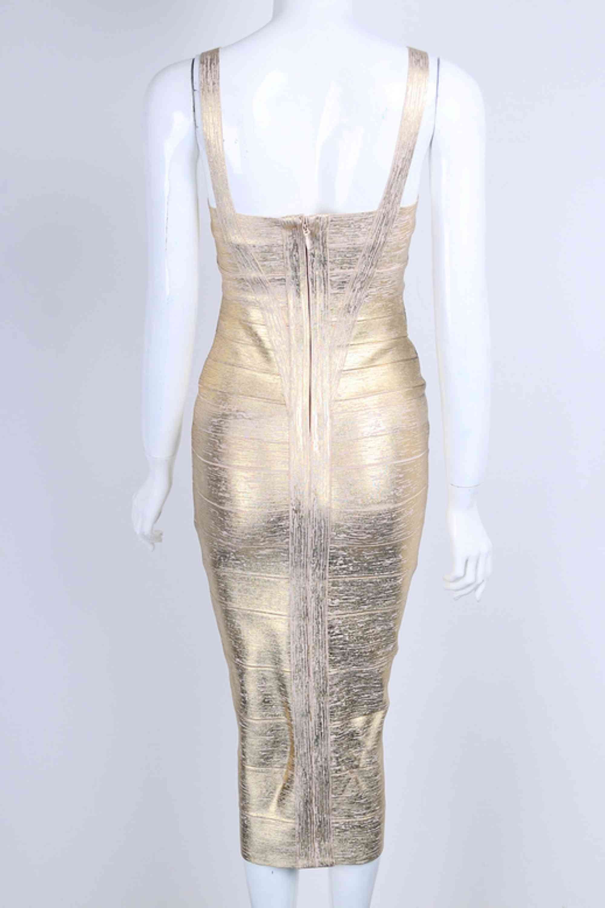 Woman wearing a figure flattering  Heidi Bandage Midi Dress - Gold BODYCON COLLECTION