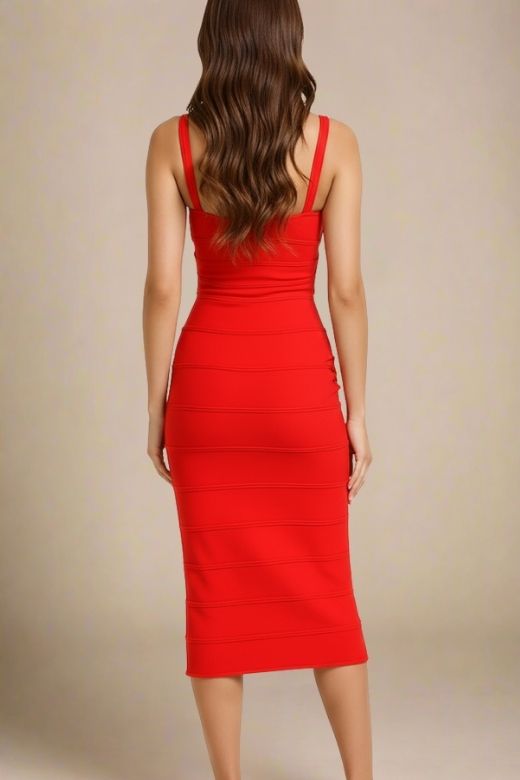 Woman wearing a figure flattering  Heidi Bandage Midi Dress - Lipstick Red Bodycon Collection