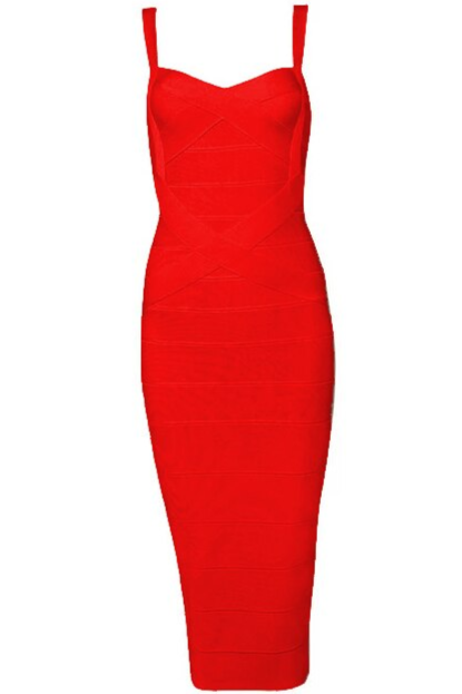 Woman wearing a figure flattering  Heidi Bandage Midi Dress - Lipstick Red Bodycon Collection