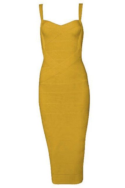 Woman wearing a figure flattering  Heidi Bandage Midi Dress - Mustard Yellow Bodycon Collection
