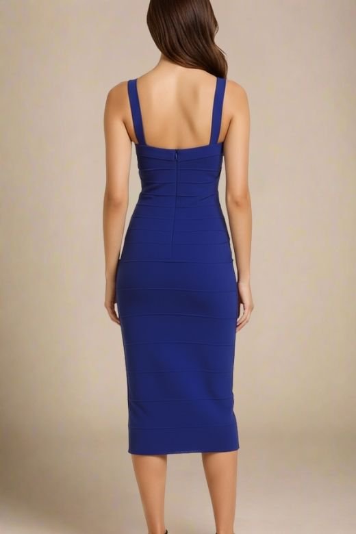 Woman wearing a figure flattering  Heidi Bandage Midi Dress - Navy Blue Bodycon Collection