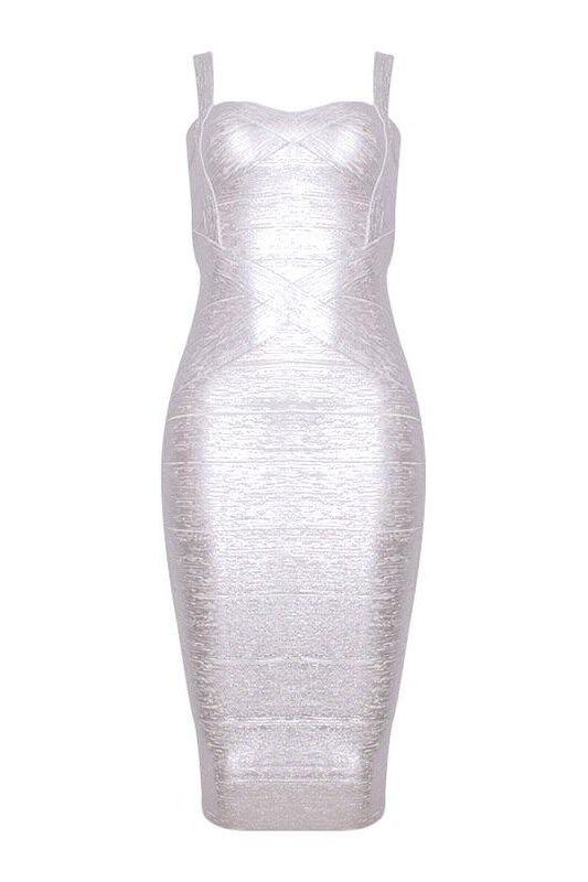 Woman wearing a figure flattering  Heidi Bandage Midi Dress - Silver BODYCON COLLECTION