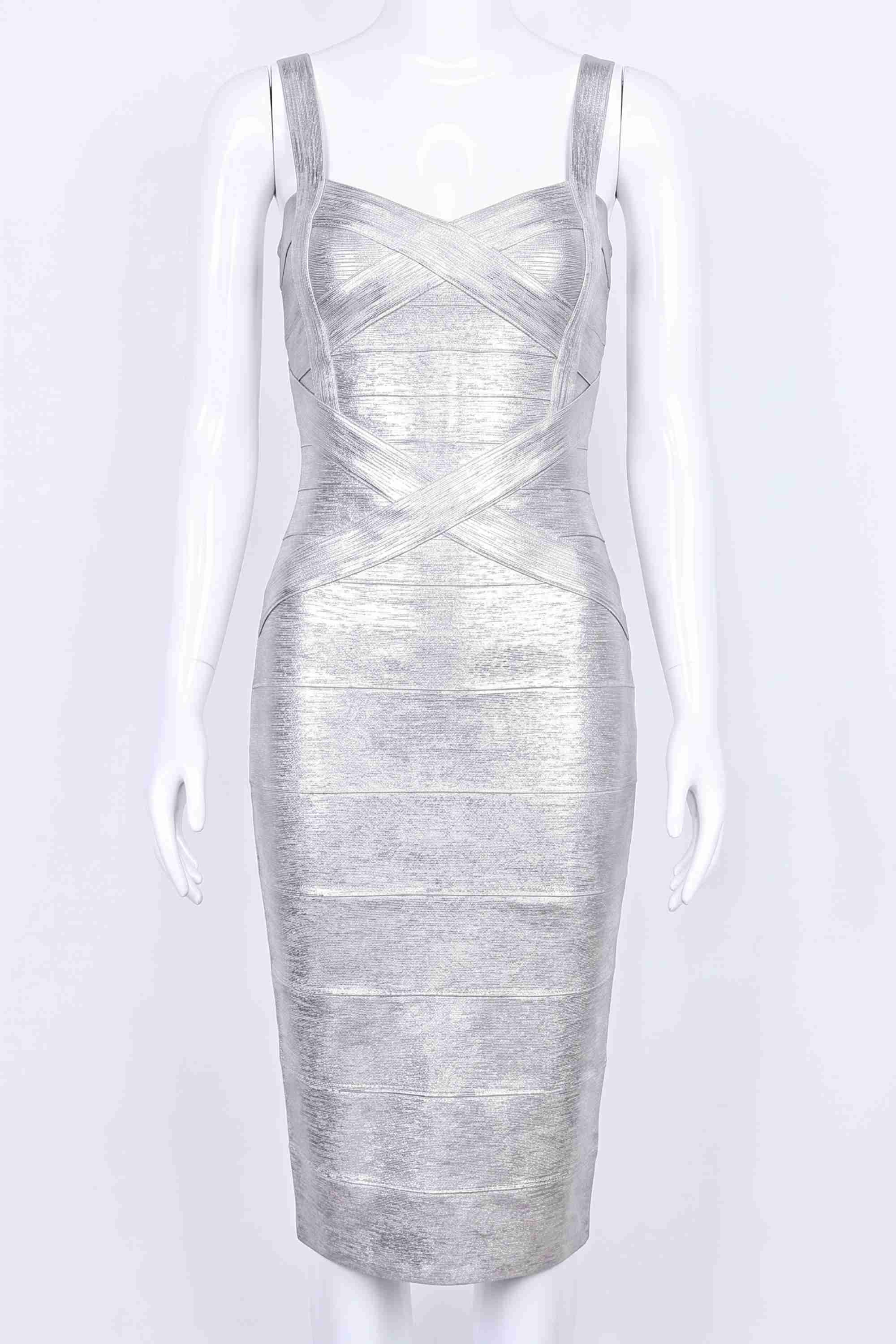 Woman wearing a figure flattering  Heidi Bandage Midi Dress - Silver BODYCON COLLECTION
