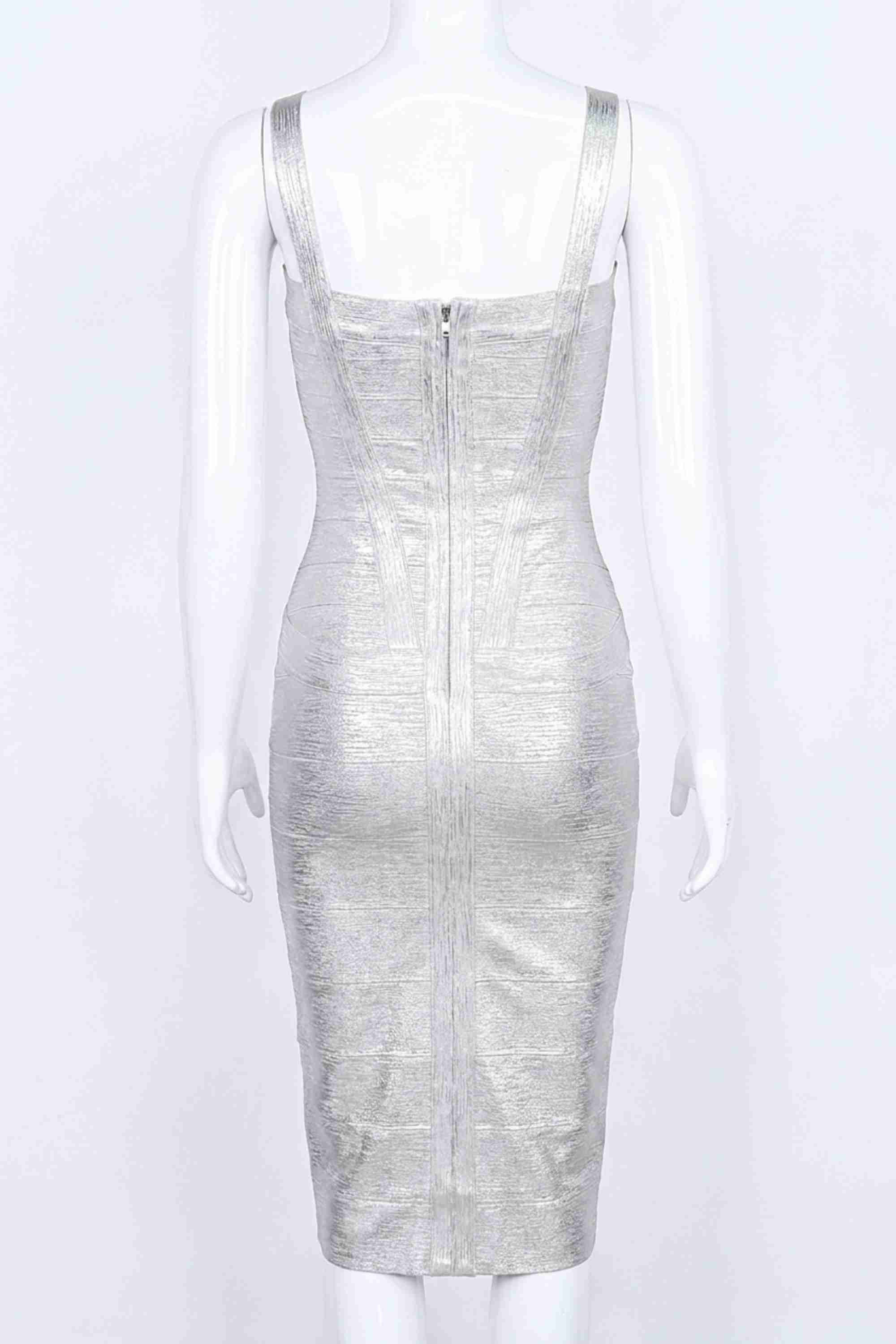 Woman wearing a figure flattering  Heidi Bandage Midi Dress - Silver BODYCON COLLECTION